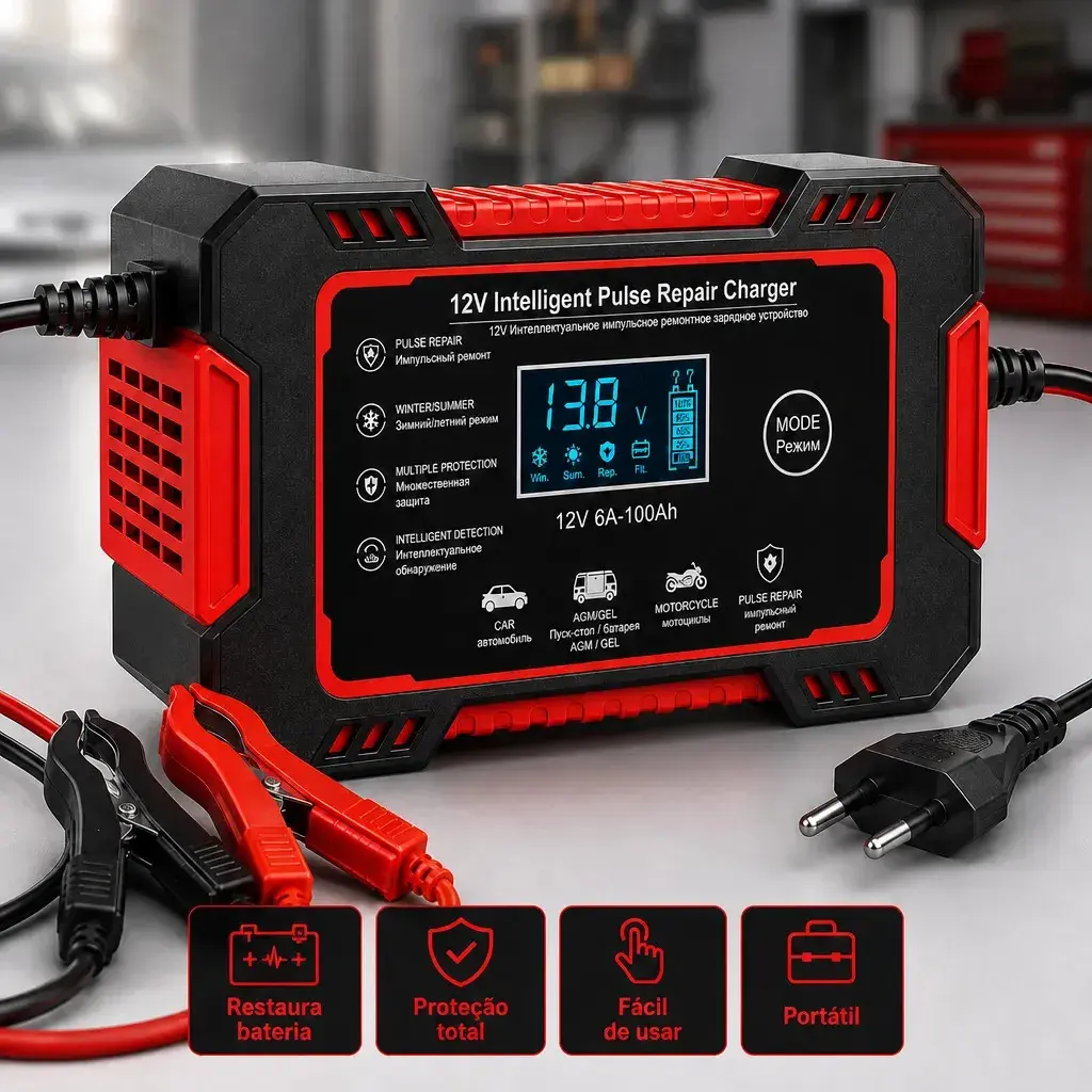 Carregador Inteligente de Bateria Automotiva 12V 6A Bivolt com Display Digital para Baterias 4Ah a 100Ah Carro Moto Utilitário Barco Caminhão Recupera Bateria - 1