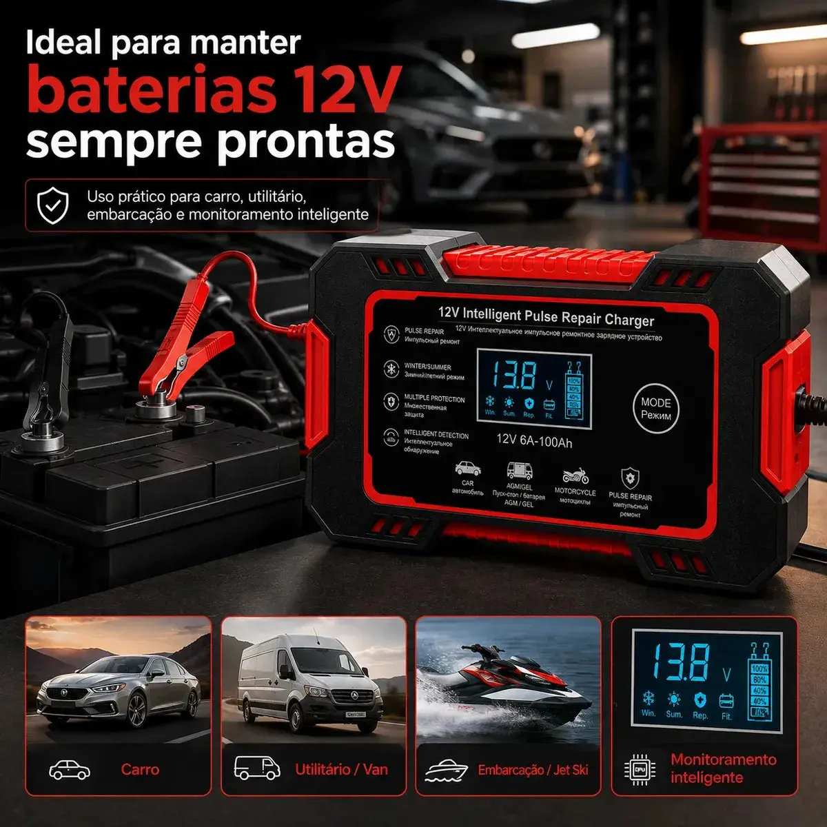 Carregador Inteligente de Bateria Automotiva 12V 6A Bivolt com Display Digital para Baterias 4Ah a 100Ah Carro Moto Utilitário Barco Caminhão Recupera Bateria thumbnail 2