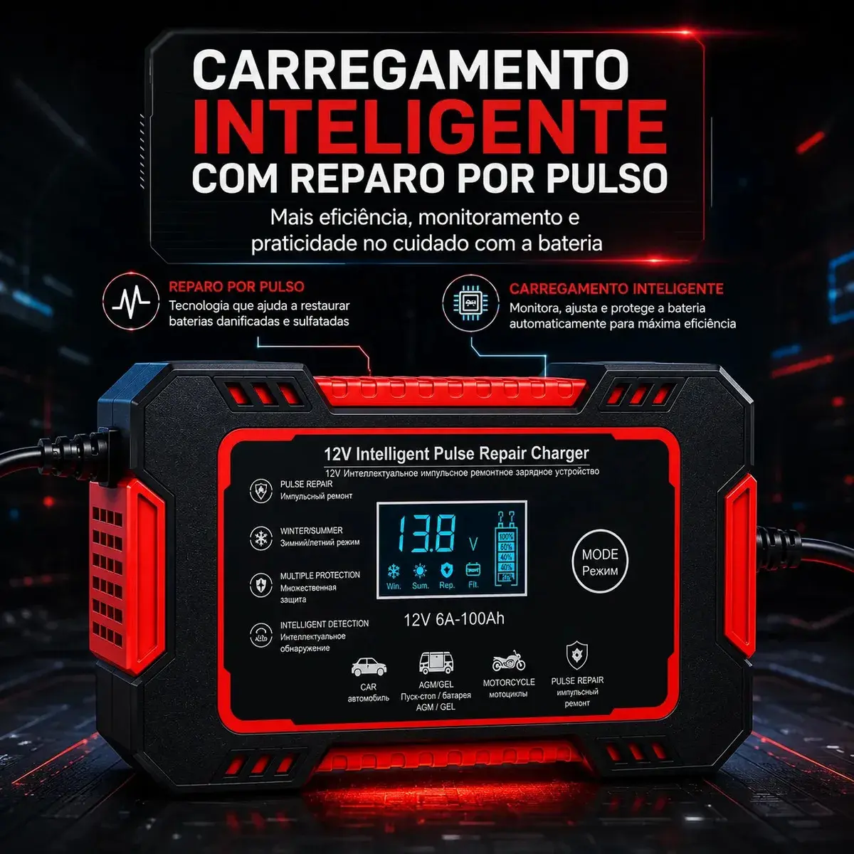 Carregador Inteligente de Bateria Automotiva 12V 6A Bivolt com Display Digital para Baterias 4Ah a 100Ah Carro Moto Utilitário Barco Caminhão Recupera Bateria thumbnail 3