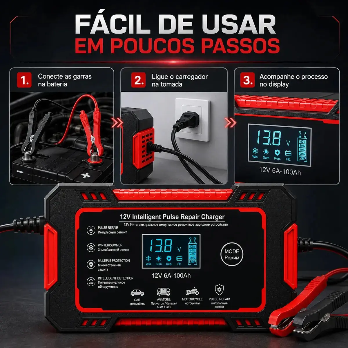 Carregador Inteligente de Bateria Automotiva 12V 6A Bivolt com Display Digital para Baterias 4Ah a 100Ah Carro Moto Utilitário Barco Caminhão Recupera Bateria thumbnail 4