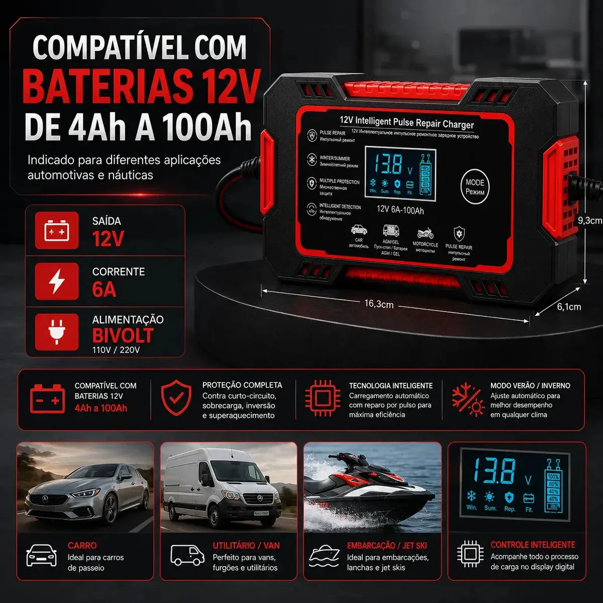 Carregador Inteligente de Bateria Automotiva 12V 6A Bivolt com Display Digital para Baterias 4Ah a 100Ah Carro Moto Utilitário Barco Caminhão Recupera Bateria thumbnail 5
