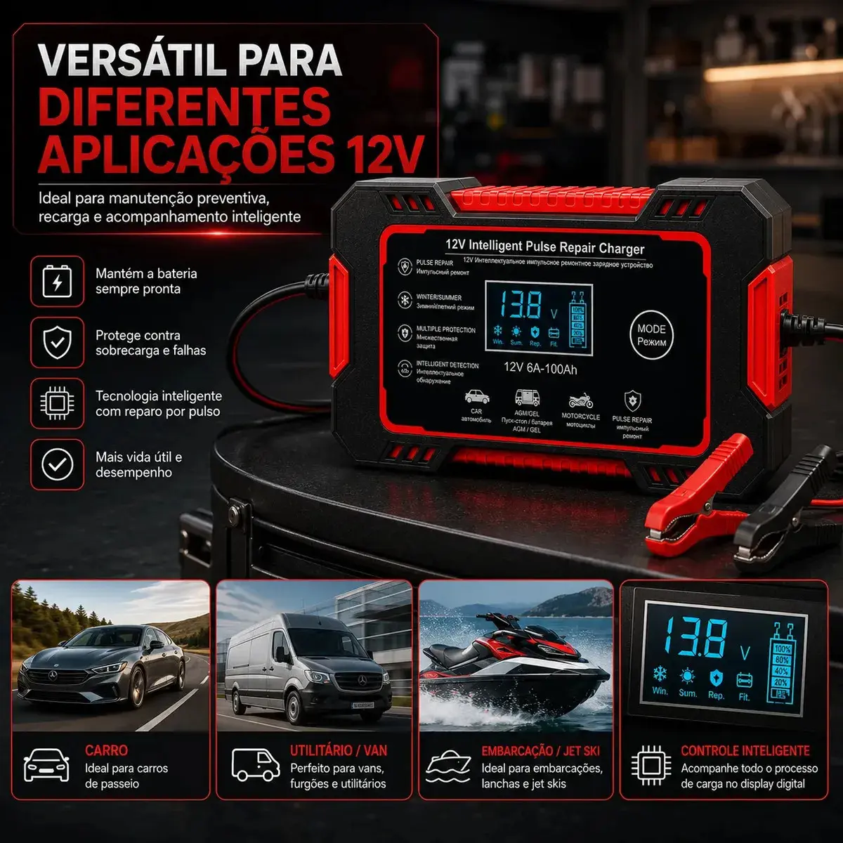 Carregador Inteligente de Bateria Automotiva 12V 6A Bivolt com Display Digital para Baterias 4Ah a 100Ah Carro Moto Utilitário Barco Caminhão Recupera Bateria thumbnail 6