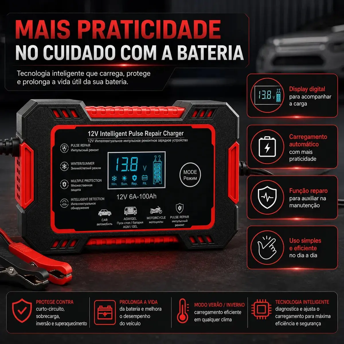 Carregador Inteligente de Bateria Automotiva 12V 6A Bivolt com Display Digital para Baterias 4Ah a 100Ah Carro Moto Utilitário Barco Caminhão Recupera Bateria thumbnail 7