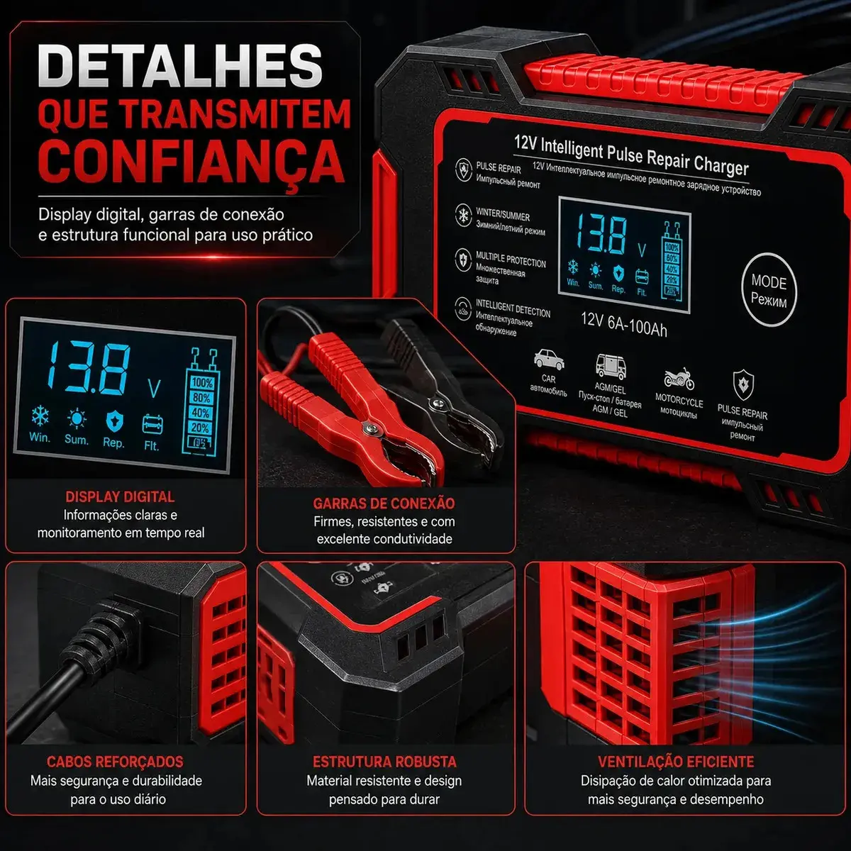 Carregador Inteligente de Bateria Automotiva 12V 6A Bivolt com Display Digital para Baterias 4Ah a 100Ah Carro Moto Utilitário Barco Caminhão Recupera Bateria thumbnail 8