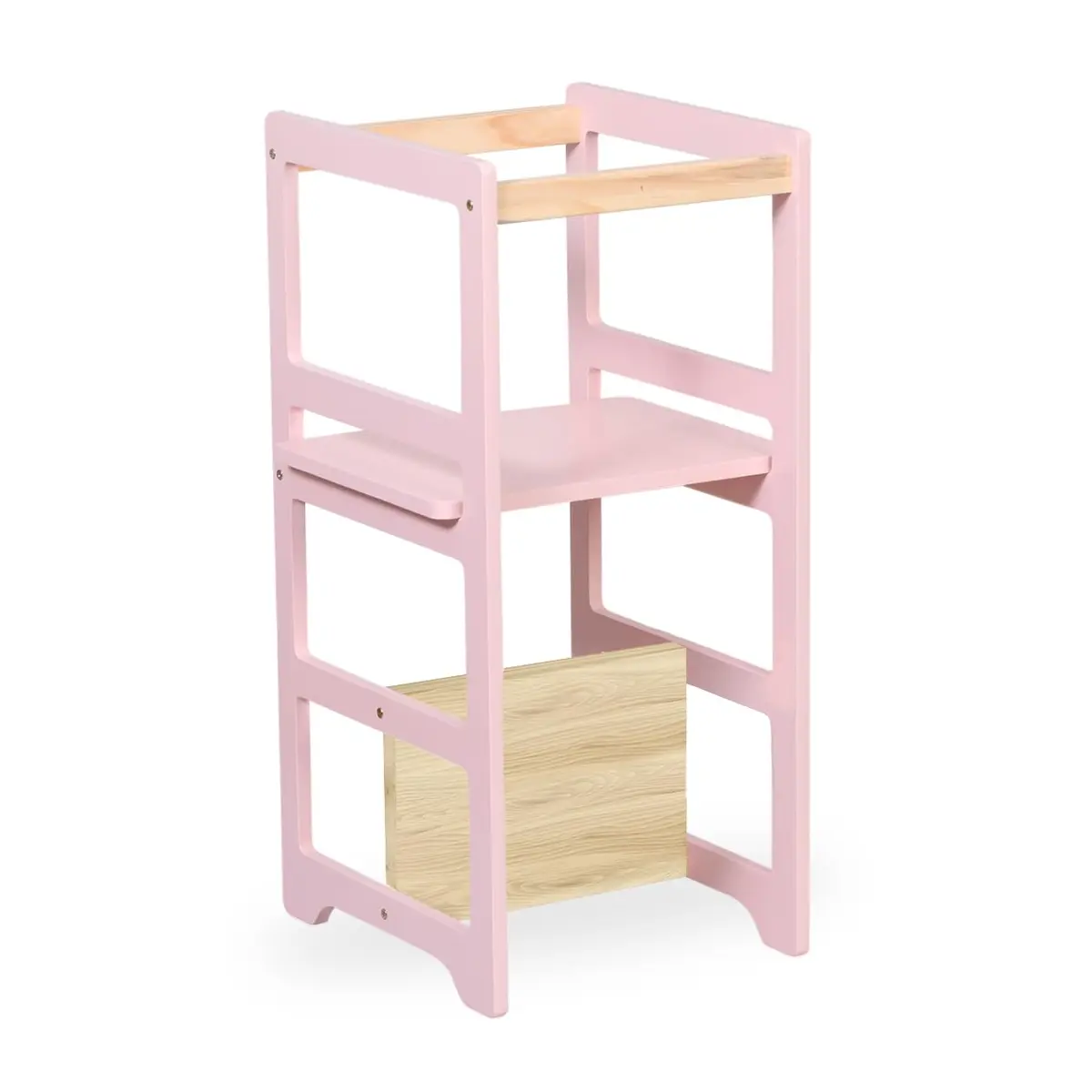 Torre de Aprendizagem Montessori 4 em 1 Laqueada Regula Altura, Cadeirão para Criança, Mesinha Infantil, Madeira Pinus e MDF, 1 a 6 Anos Rosa Bebê