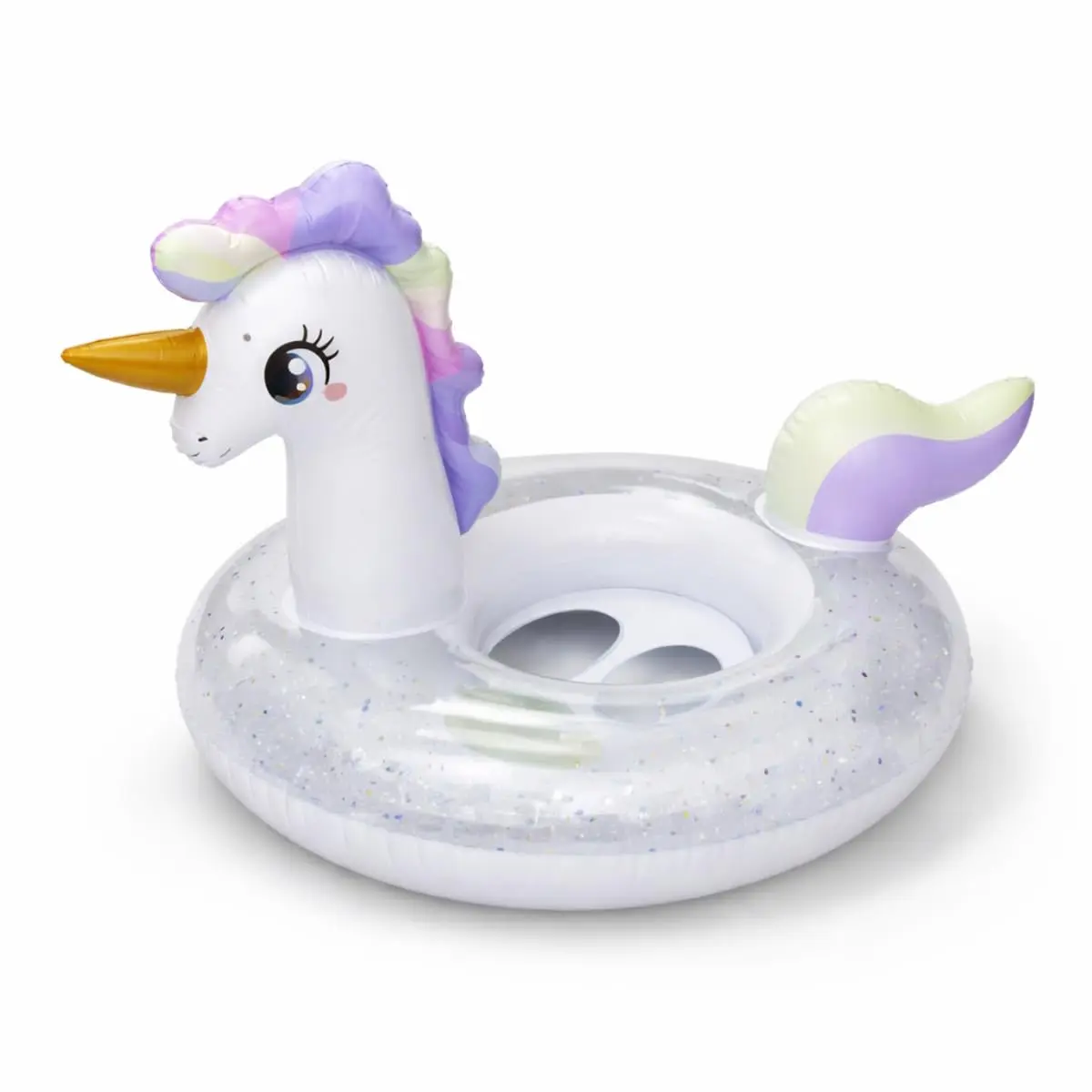 Boia Inflável Unicórnio Assento 60cm Glitter Transparente Piscina Praia | Assento com encaixe seguro para maior estabilidade da criança