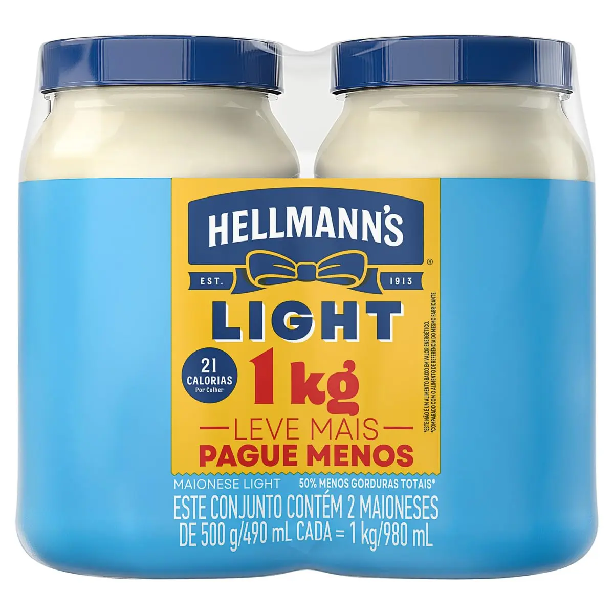 Pack Maionese Light Hellmann's Pote 1kg 2 Unidades de 500g Cada Leve Mais Pague Menos