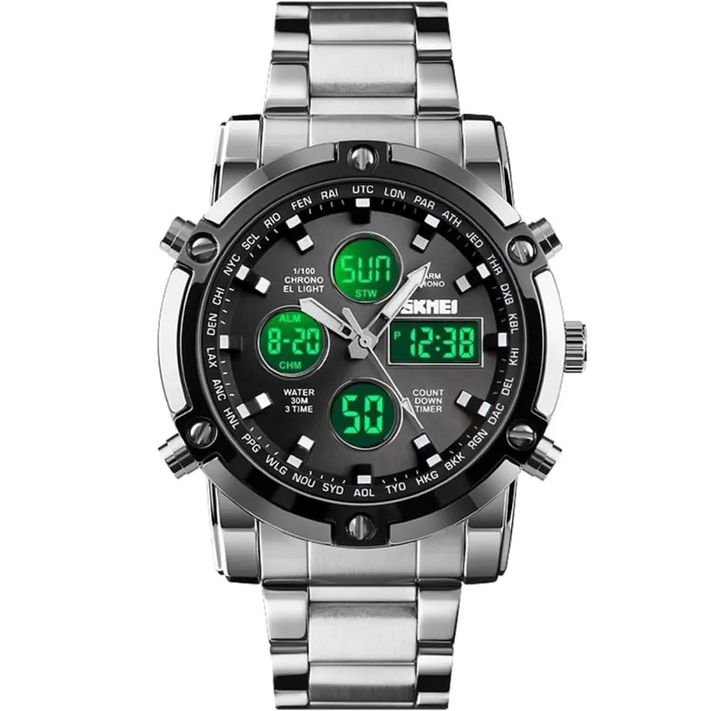 Relógio Masculino Skmei 1389 Á Prova D'água 30m Digital Esporte Luxo Prata e Preto