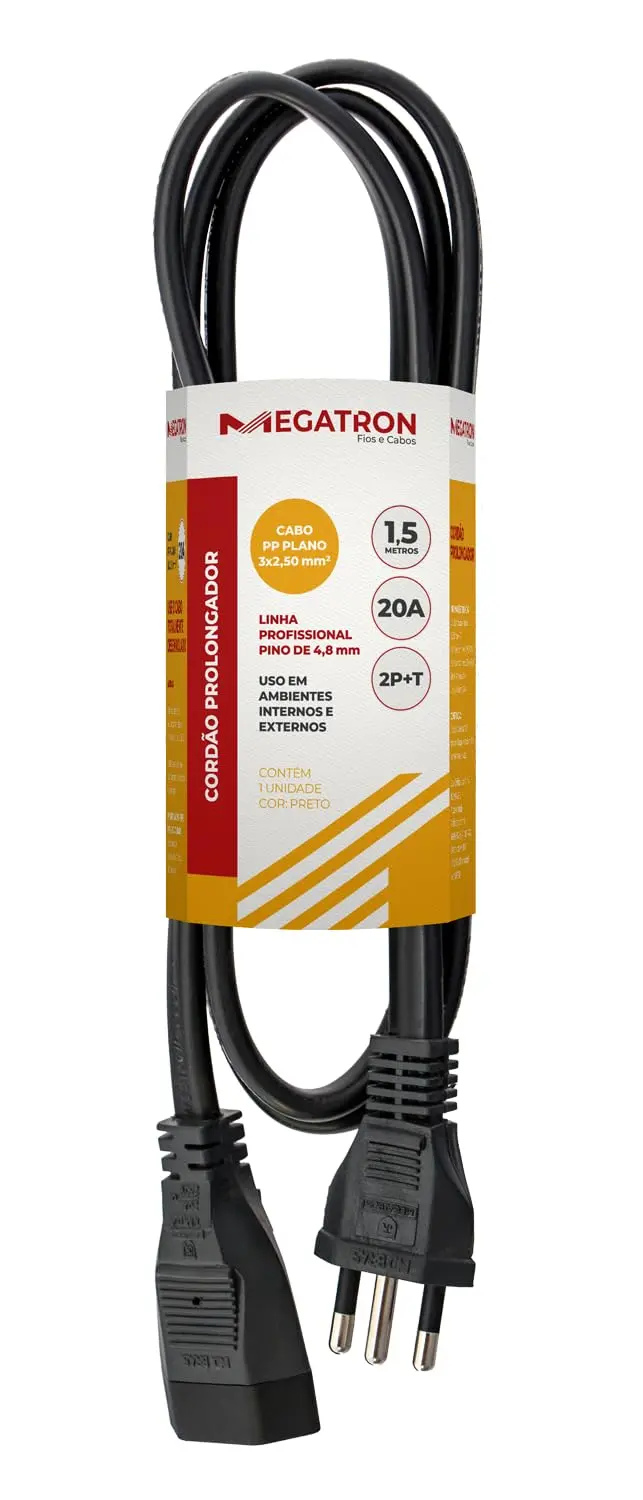 Cordão Prolongador Cabo PP 20A 250v 3x2,50-1,50 m preto
