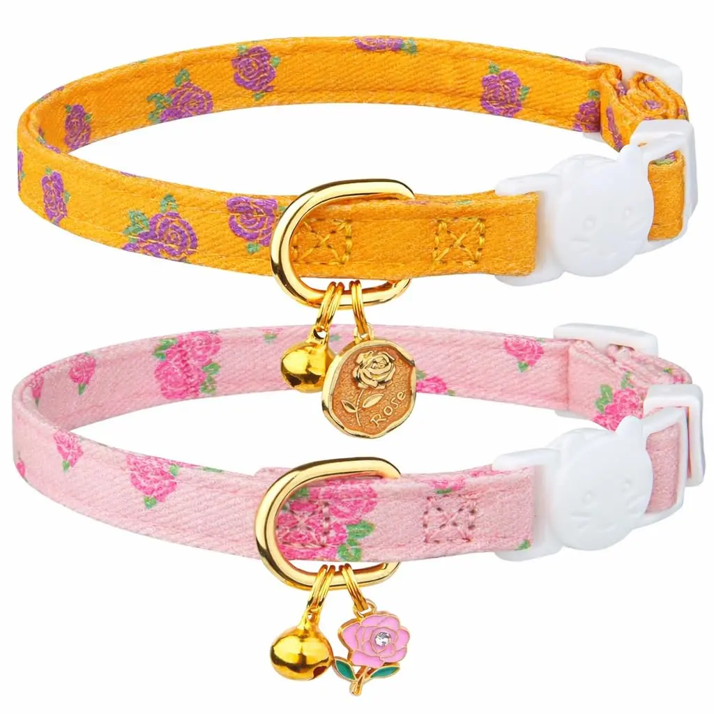 Kit 2 Coleiras para Gato com Fecho de Segurança Breakaway em Algodão Floral Rosa e Amarelo com Guizo e Pingente – Ajustável para Filhotes e Gatos Adultos, Conforto, Segurança e Estilo para Pets