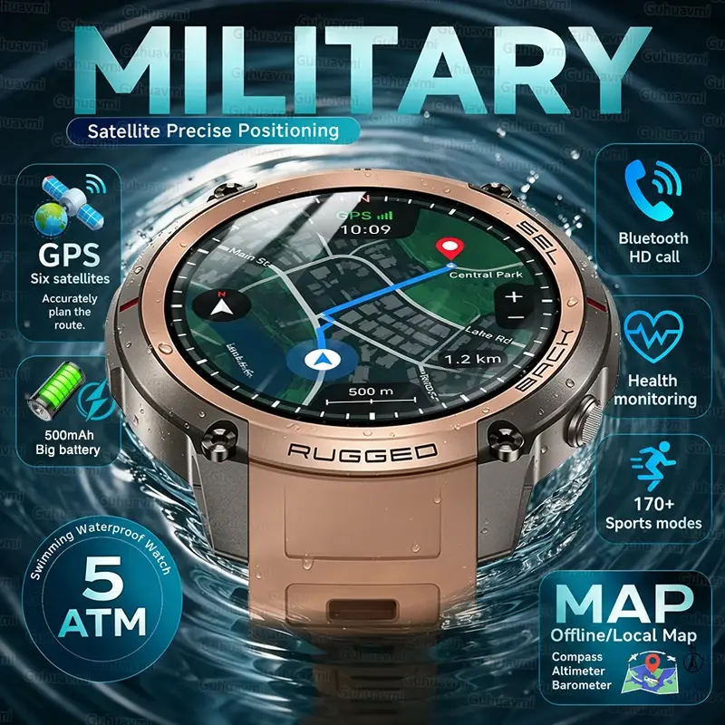Relógio Inteligente Militar 2026 com Mapa Offline GPS para Homens, Tela AMOLED de 1.43'', Chamada Bluetooth, Bússola, 5ATM à Prova d'Água, 170+ Modos Esportivos - 1