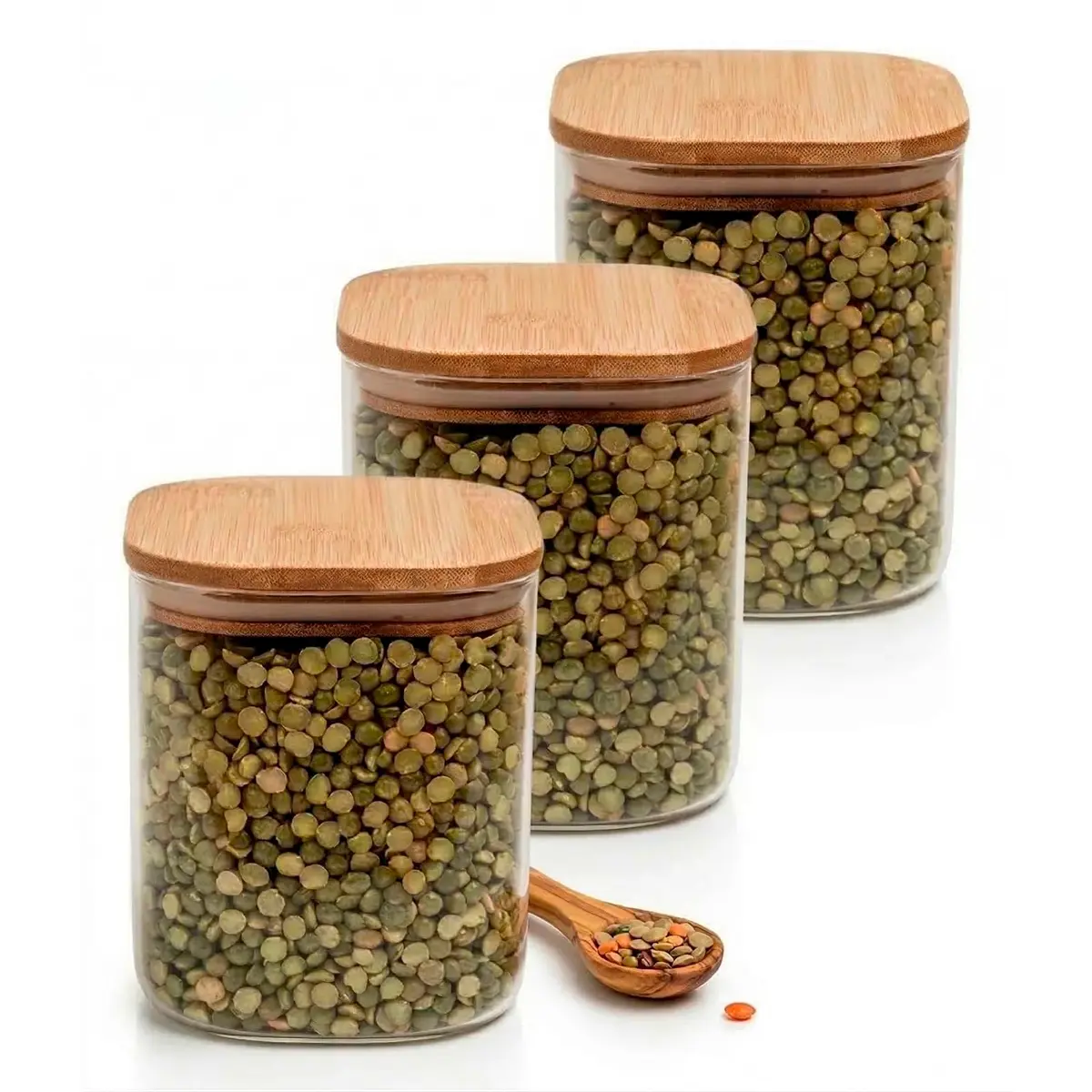 Kit 3 Potes Herméticos 800ml de Vidro Transparente Tampa de Bambu