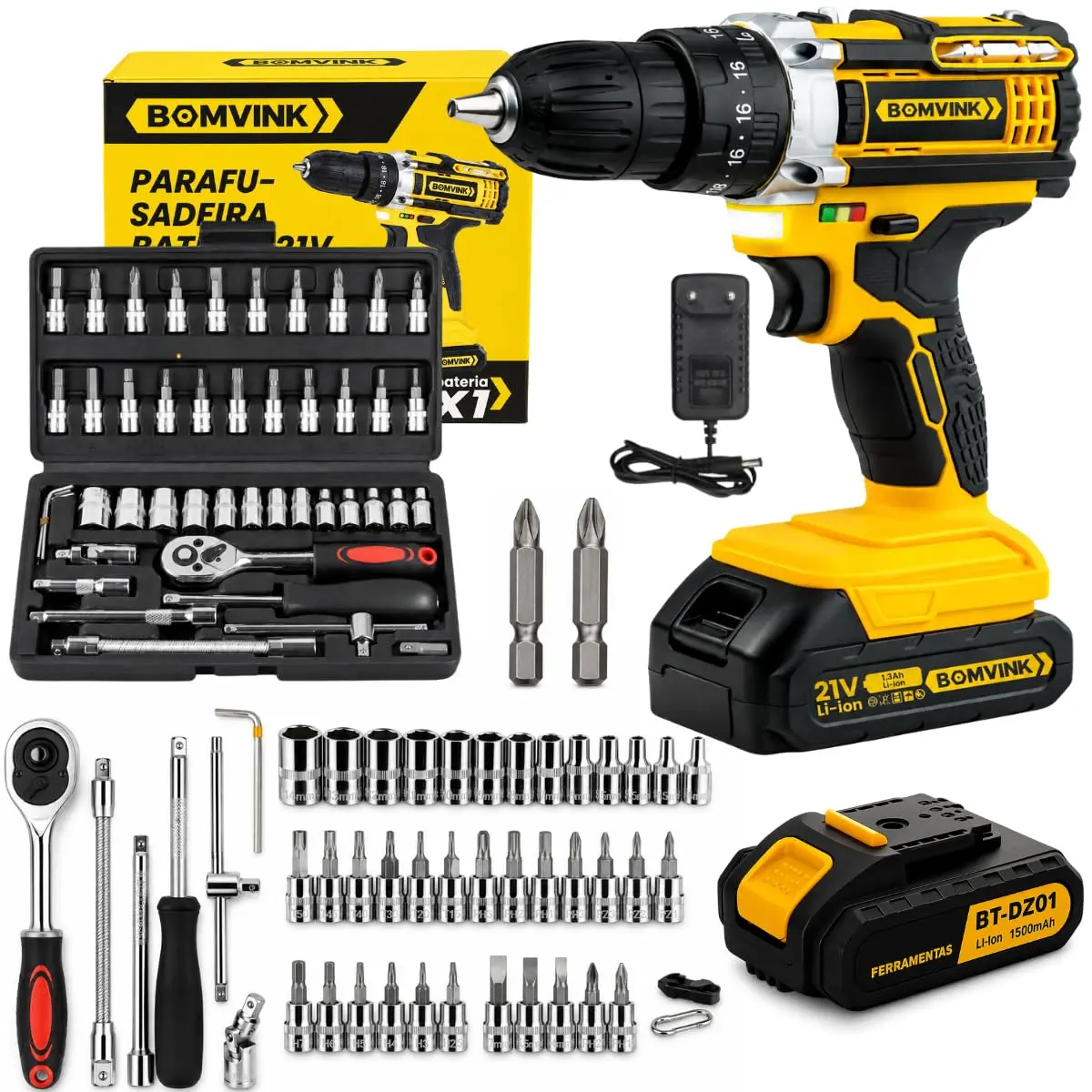 Parafusadeira e Furadeira 21V 2 Baterias + Kit Catraca com 46 Peças - 1