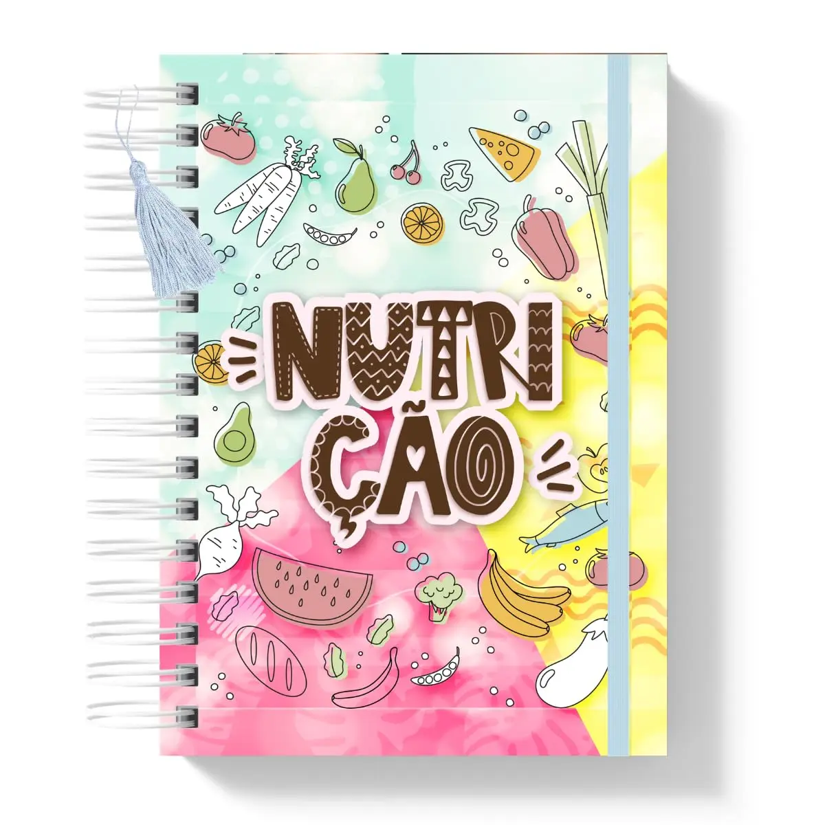 Caderno de Nutrição A5 Personalizado Capa Dura 100 ou 200 Folhas com Elástico, Pingente e Saco Canguru, Colorido, 200 Folhas