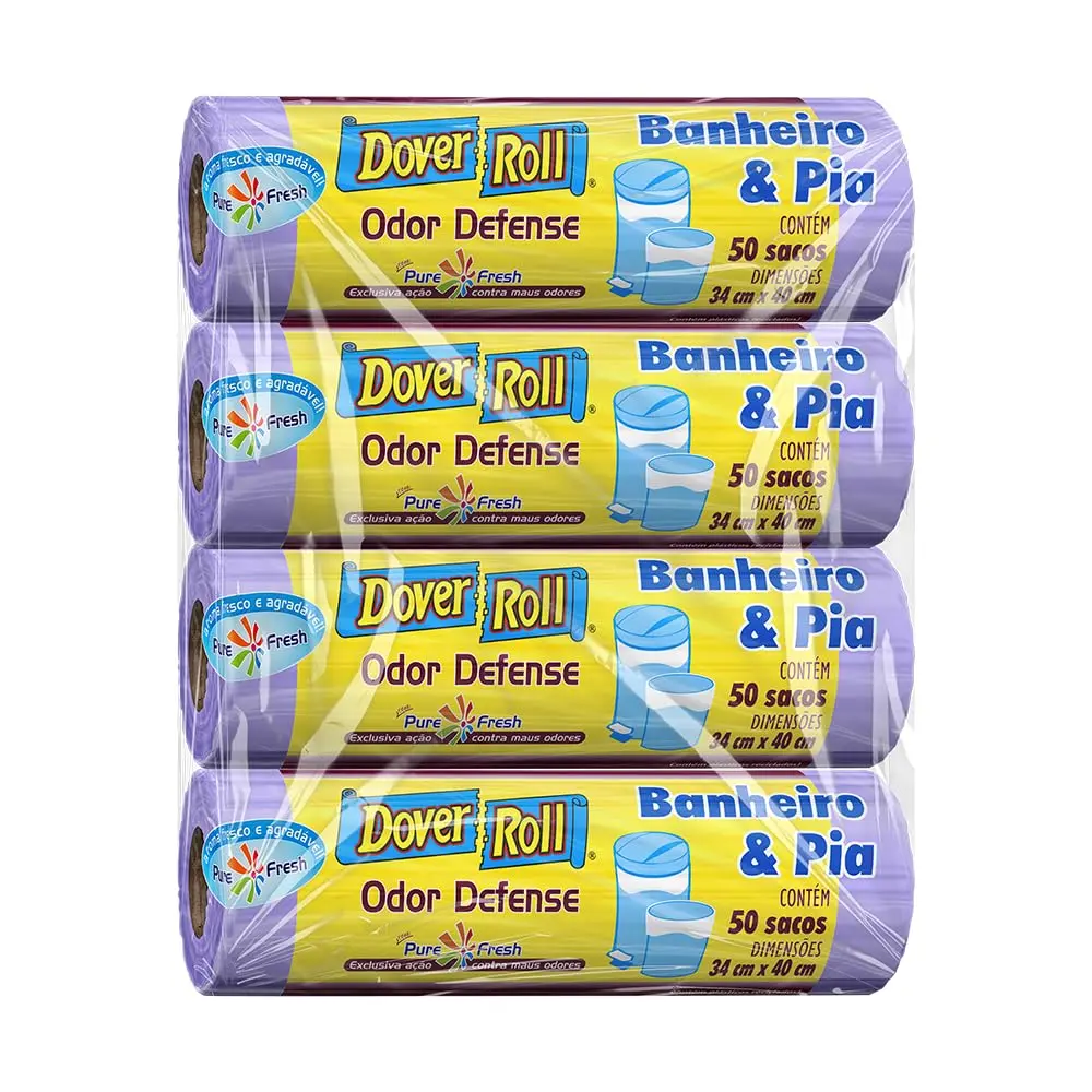 Kit com 4 unidades - Dover-Roll Odor Defense Banheiro & Pia Lilás, Total 200 sacos (50 sacos/rolo)