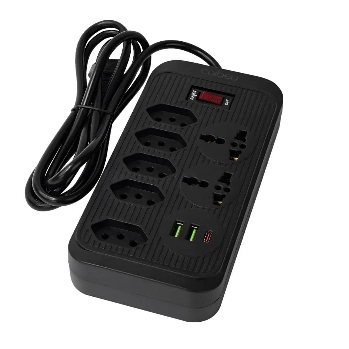 Extensão Elétrica 2 Metros 5 Tomadas 10A + 2 Internacionais USB (2A) e USB-C Régua Multifunção para Casa, Escritório, Carregadores e Eletrônicos com Chave Liga/Desliga PREMIUM (Preto)
