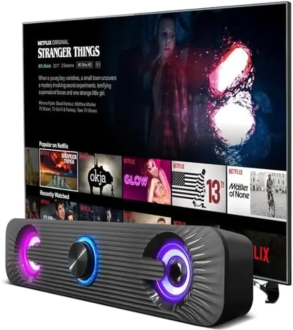 Soundbar Caixa de Som Gamer 6W Estéreo 2.0 com Iluminação LED RGB, Plug P2, USB 5V, Compatível PC, TV e Notebook