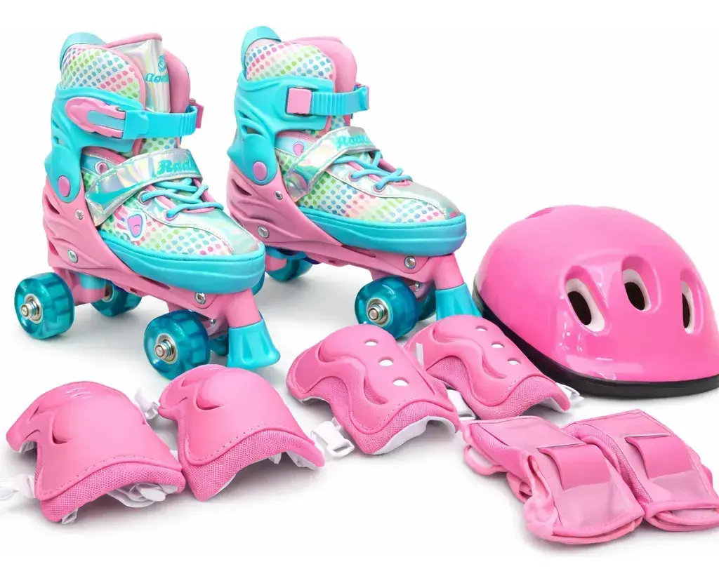 Roller Patins Infantil Rosa 4 Rodas + Kit Proteção Adulto 28-31 Ajustável Rosa/azul Celeste - 1