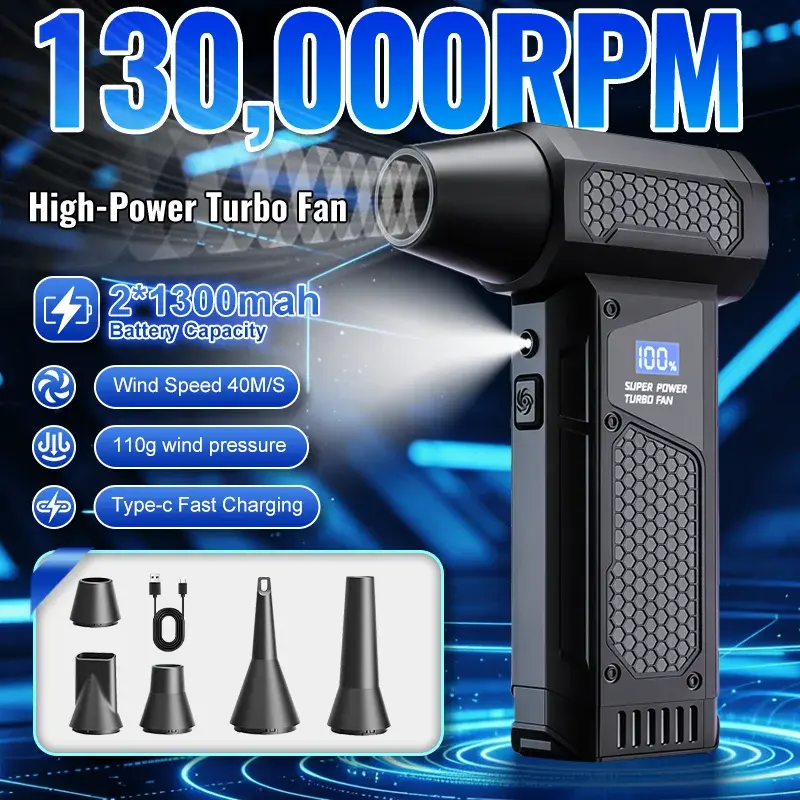 2026 Soprador de Ar Elétrico de Alta Potência, Mini Ventilador Turbo, Limpador de Teclado de PC Sem Fio, Secador Automotivo, 2600mAh, Display LED - 1