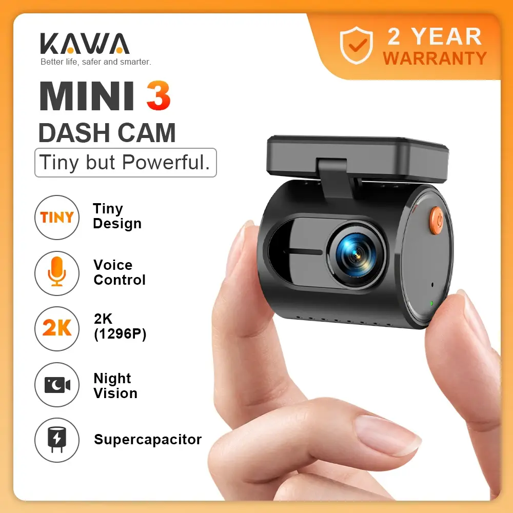 Câmera de painel KAWA MINI 3 Tiny 2K 1296P com controle de voz, visão noturna colorida, câmera de monitoramento de estacionamento 24H, WIFI, G-sensor, supercapacitor - 1