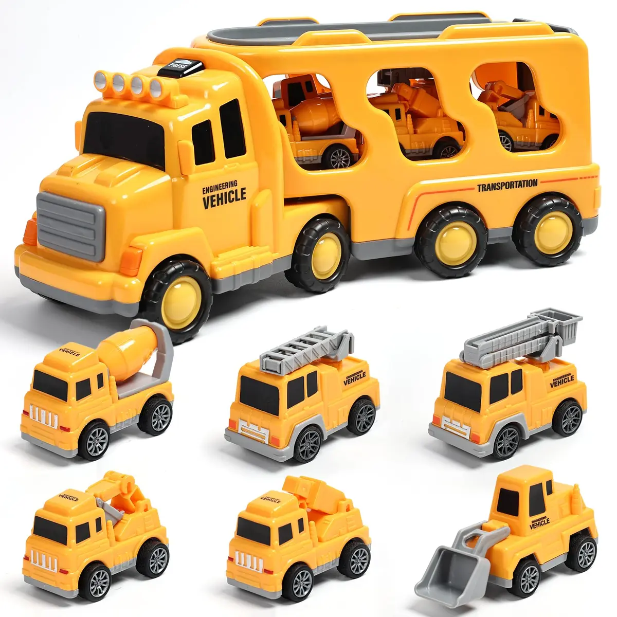 Brinquedo Caminhão de Construção 5 em 1 | Brinquedo de Caminhão para Meninos, com Luz e Som, Inclui Guindaste, Betoneira, Trator e Escavadeira, Presente 2 a 8 Anos