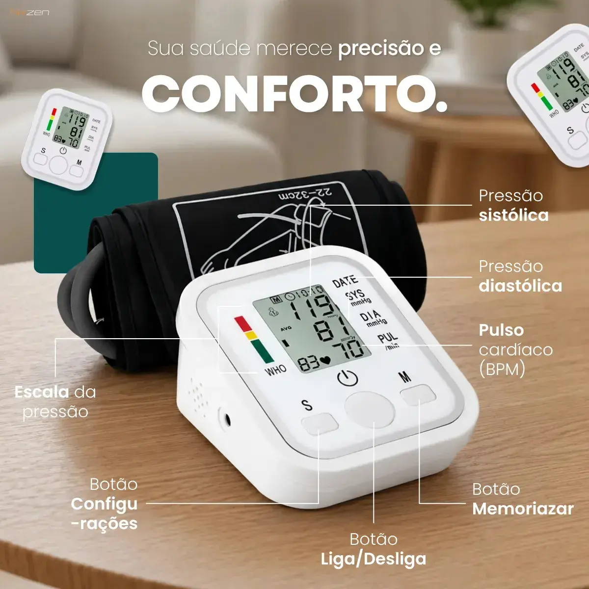 Aparelho Medidor de Pressão Arterial Aferidor Monitor Digital Uso Doméstico Automático Residencial Pressão De Braço Braçadeira Pulso Manguito Ajustável Memória Leitura Adultos Crianças Portátil Nixzen thumbnail 4