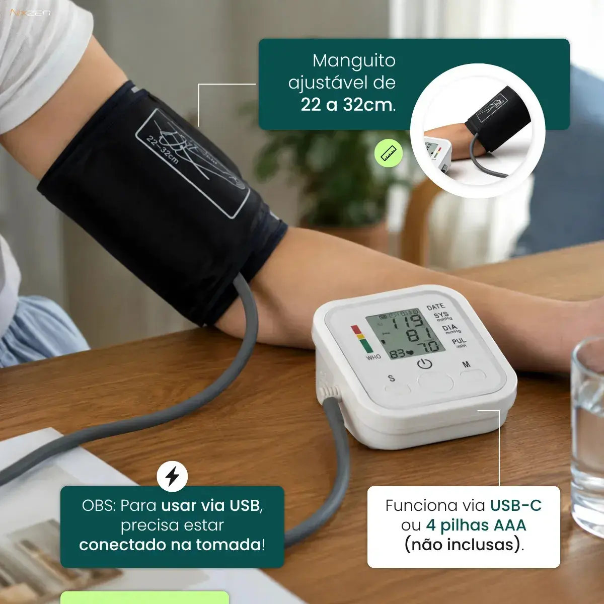 Aparelho Medidor de Pressão Arterial Aferidor Monitor Digital Uso Doméstico Automático Residencial Pressão De Braço Braçadeira Pulso Manguito Ajustável Memória Leitura Adultos Crianças Portátil Nixzen thumbnail 5