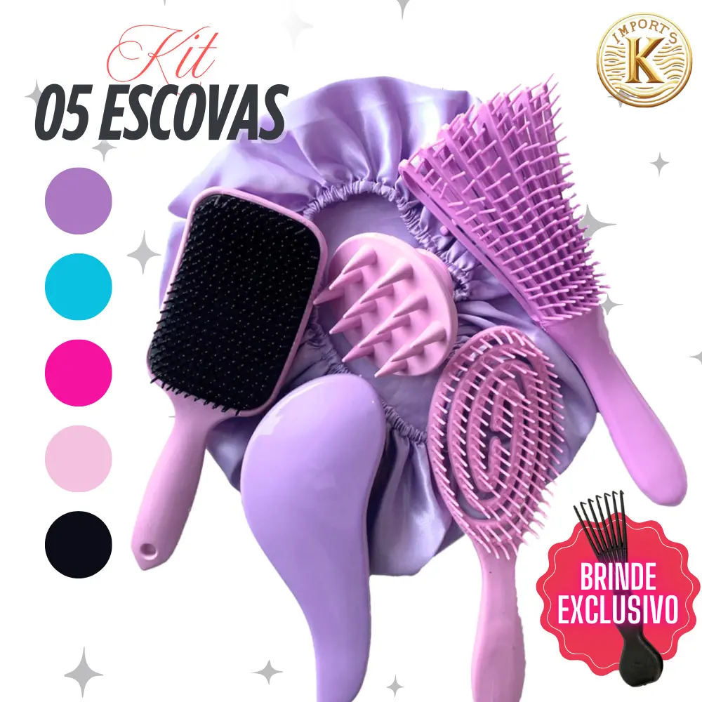 Kit 5 Escovas de Cabelo + Touca de Cetim – Raquete Fashion, Mágica, Polvo, Massageadora de Silicone
