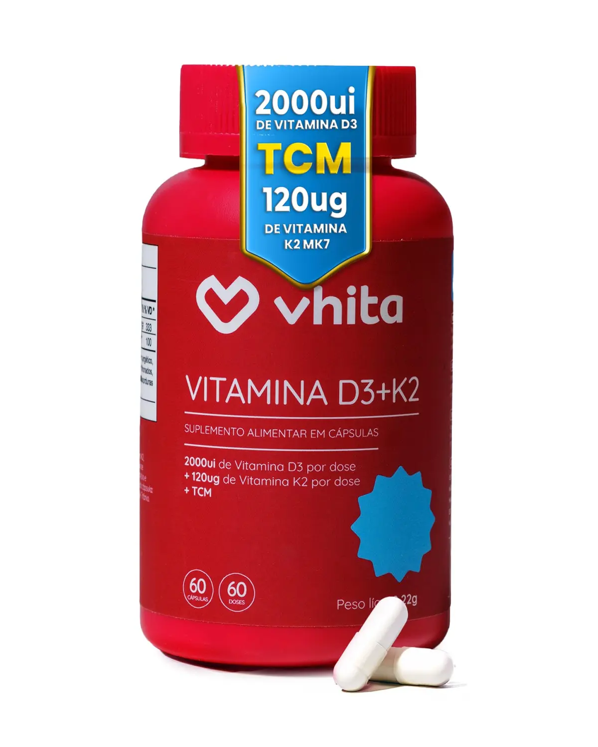 Vitamina D3 K2 MK7 2000ui 60 Cápsulas Vhita (60 dias cada pote) | 60 Cápsulas, 60 Porções