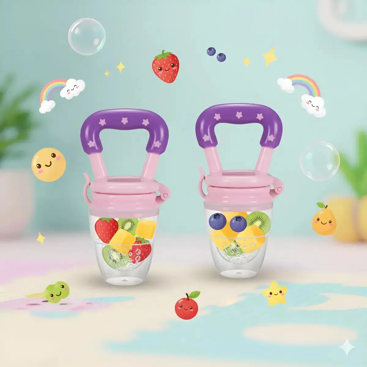 Kit 2 Und Chupeta Alimentadora Mordedor Silicone Frutas Bebê Rosa Médio