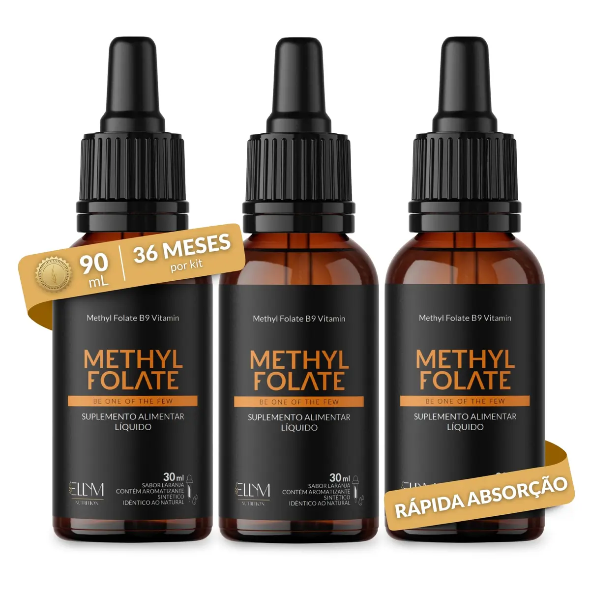 Vitamina B9 Metilfolato Acido Folico 500mcg Sublingual 90ml ELLYM NUTRITION | 3 Frascos 5 MTHF Folato Ativo Sabor Laranja Auxilia Divisao Celular Sistema Imune Homocisteina Tubo Neural Gestacao - 1