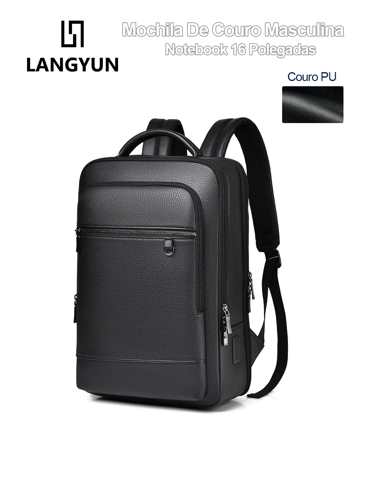 LANGYUN Mochila casual de couro PU impermeável de alta qualidade, grande capacidade, multifuncional, para notebook de 15,6 polegadas - 1