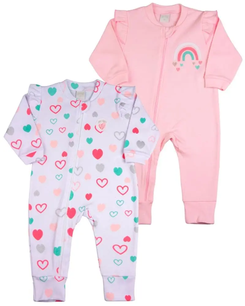 Macacao Bebe Menina Suedine Ziper Estampado e Liso Kit Macacão Suedine Algodao Coracoes 2 Pecas - Rosa - 1