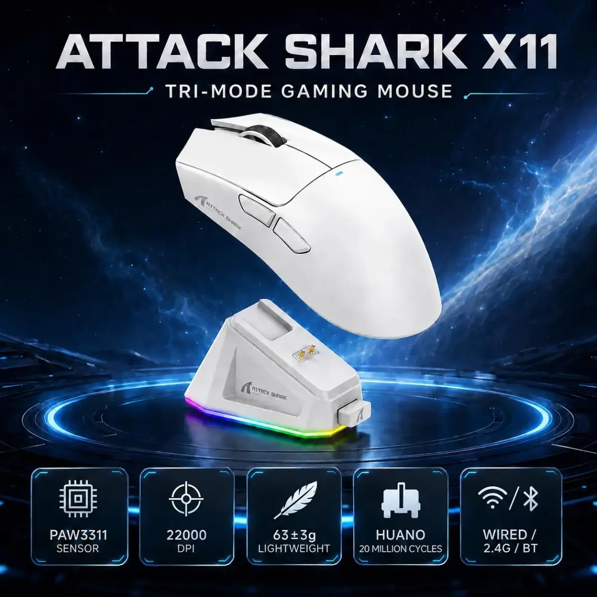 Mouse Gamer Sem Fio ATTACK SHARK X11, Sensor PAW3311, 22000 DPI, 59±3g - 1