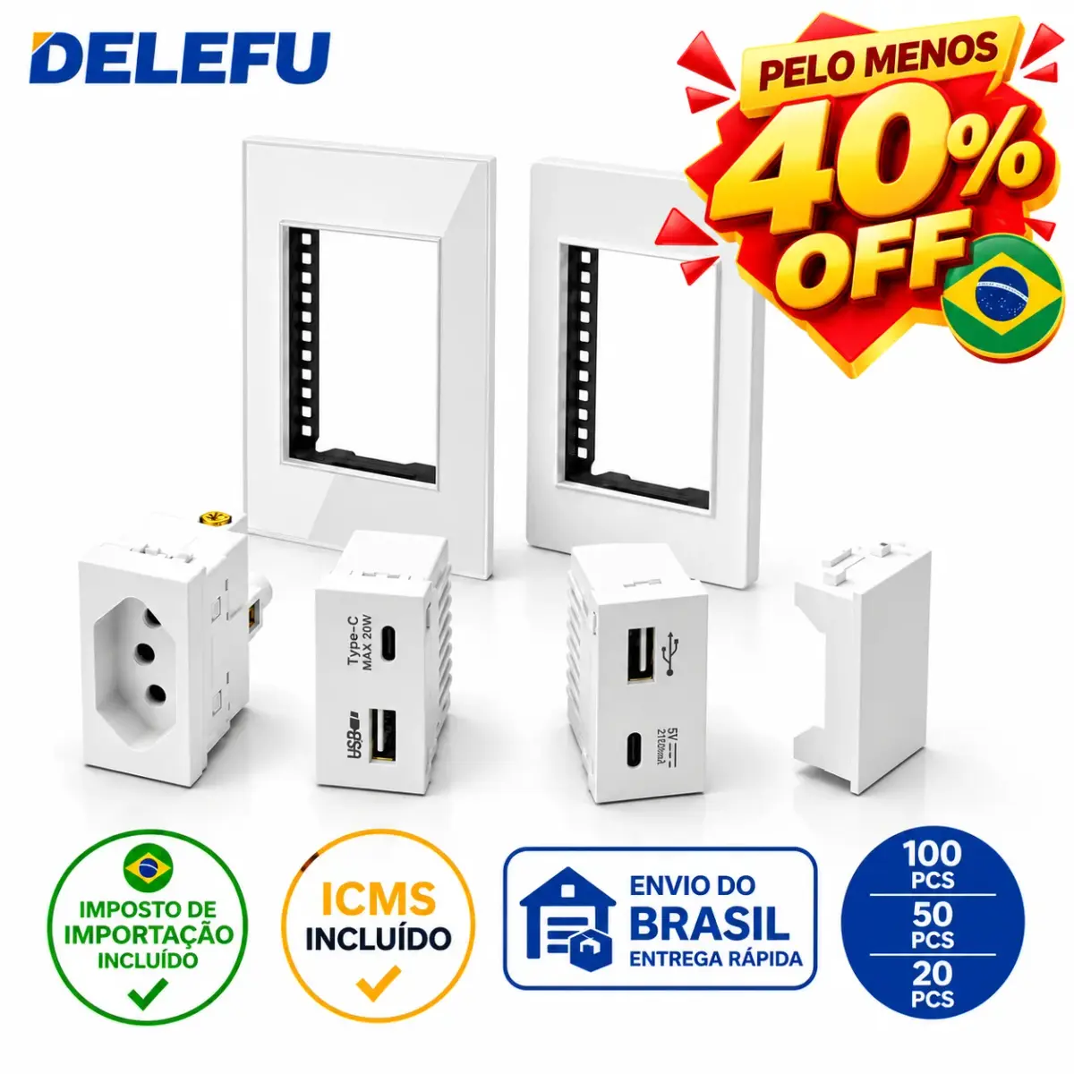 Tomada Modular Brasileira DELEFU 10A/20A USB + Type-C 10W/20W Painel SC78 Vidro Ou C3 PC Estoque No Brasil