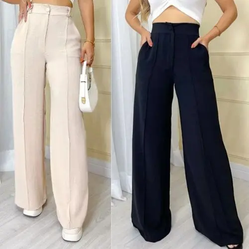 Calça Pantalona Feminina Wide Leg Cintura Alta Tecido Crepe Dunas P ao GG Disponível no Linho - 1