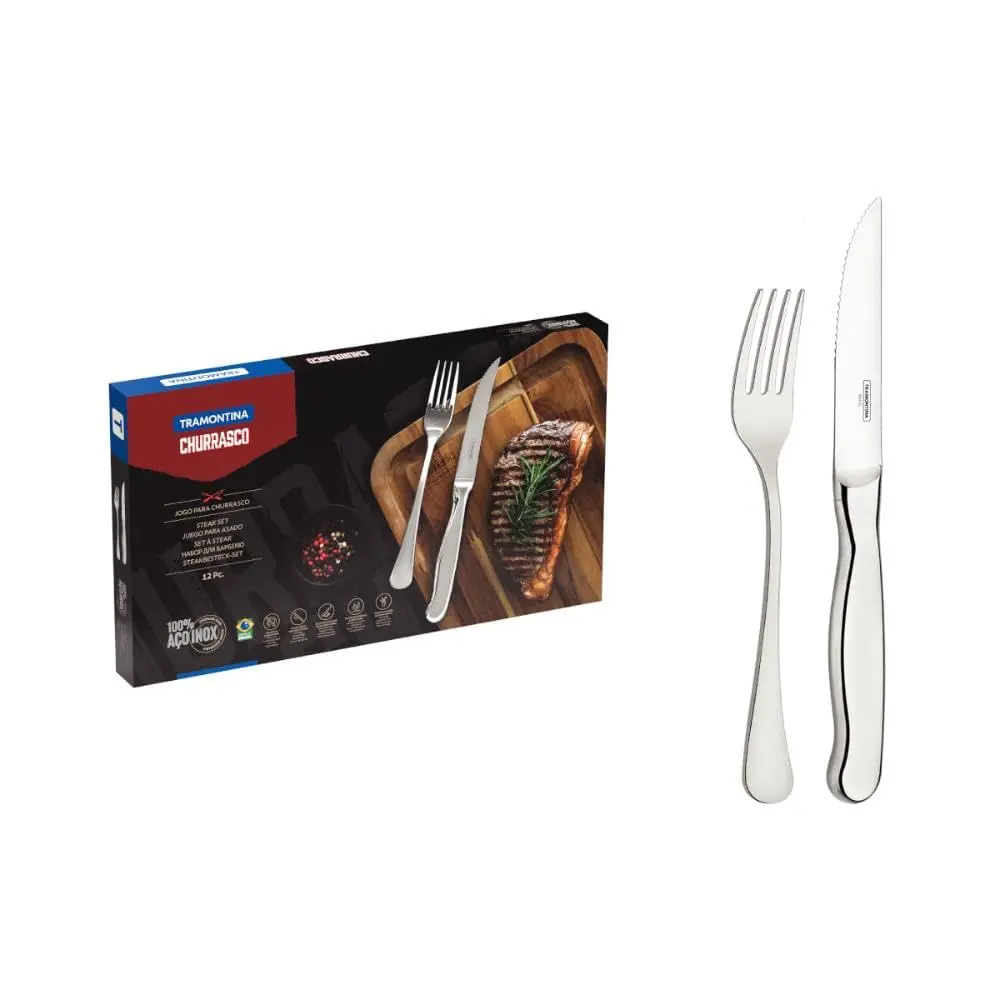 Jogo para Churrasco Tramontina Zurique em Aço Inox Facas Jumbo Fio Serrilhado Acabamento Alto Brilho 12 Peças