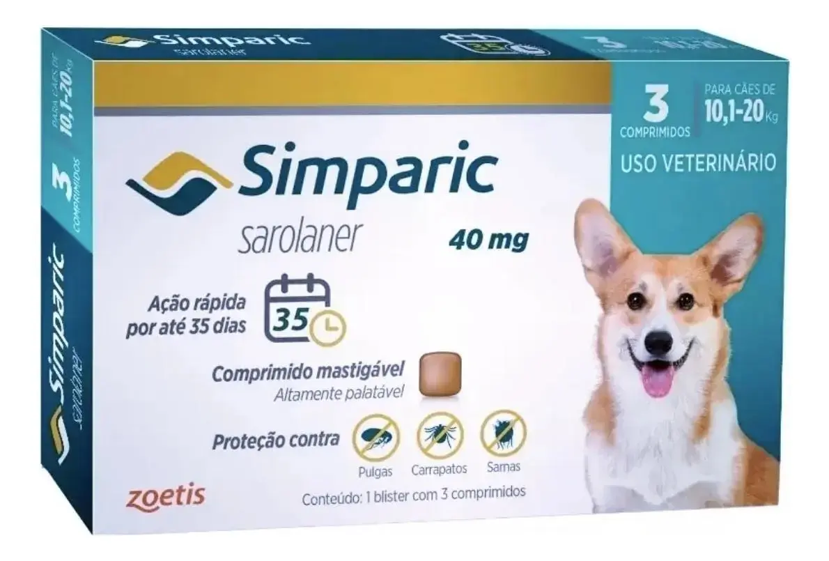 Simparic 40mg Cães 10,1-20kg Pulgas Carrapatos 3 Comprimidos Zoetis - 1