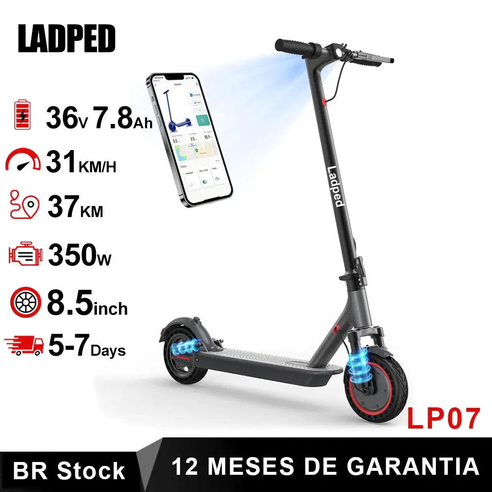 Scooter elétrico com pneus maciços de 8,5 polegadas, 350W, velocidade máxima de 31 km/h, controlo inteligente por aplicação, suspensão dupla, autonomia máxima de 30-37 km, ideal para deslocamentos urbanos.