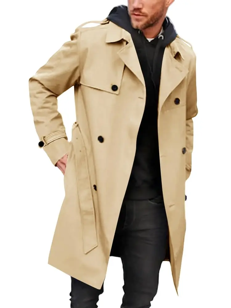 Pretifeel Mens Trench Coat Slim Fit Double Breasted Long Jacket Notched Lapel Belt Fall Windproof Coat