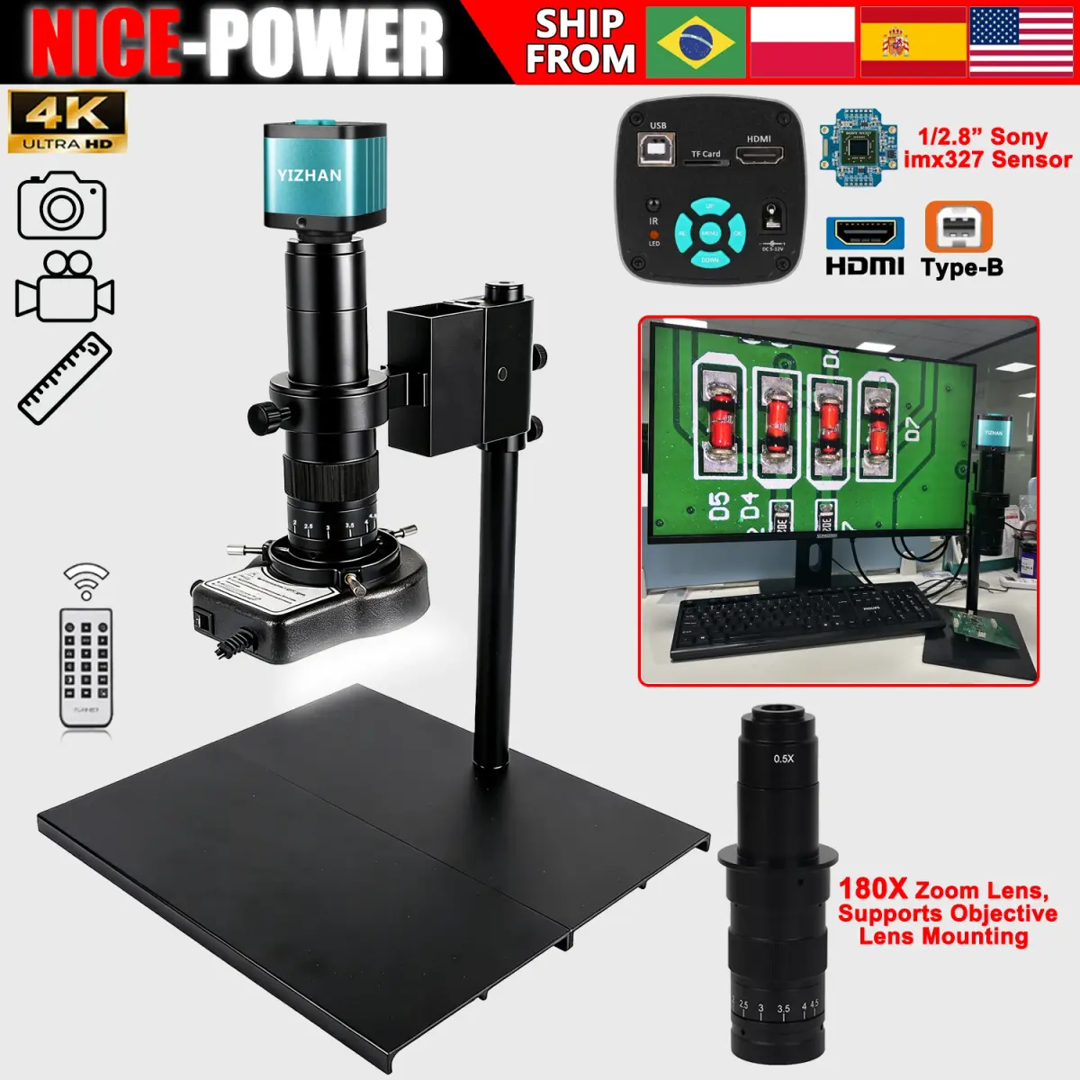 Microscópio digital eletrônica 4k, lente de montagem c com zoom 150x/180x, câmera de microscópio de vídeo usb hdmi de 48mp 60fps, lupa profissional de ampliação full hd, Do Brasil, Sem impostos