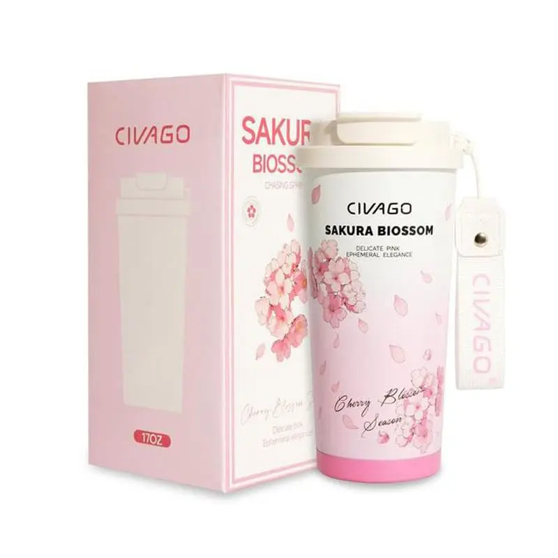 Copo Térmico 500ml, Aço Inoxidável 316 com Revestimento Cerâmico Prova de Vazamentos Tampa 2-em-1 Ideal para Casa e Escritório Quente 12h/Frio 24h (Rosa) - 1