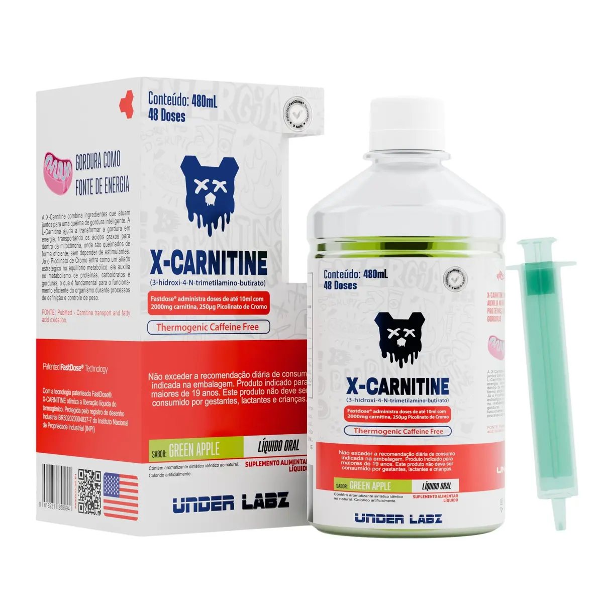 Suplemento Líquido de L-Carnitina Under Labz, 480ml | X-Carnitine Lipo Drive, Maçã Verde, 48 doses, Linha Essentials