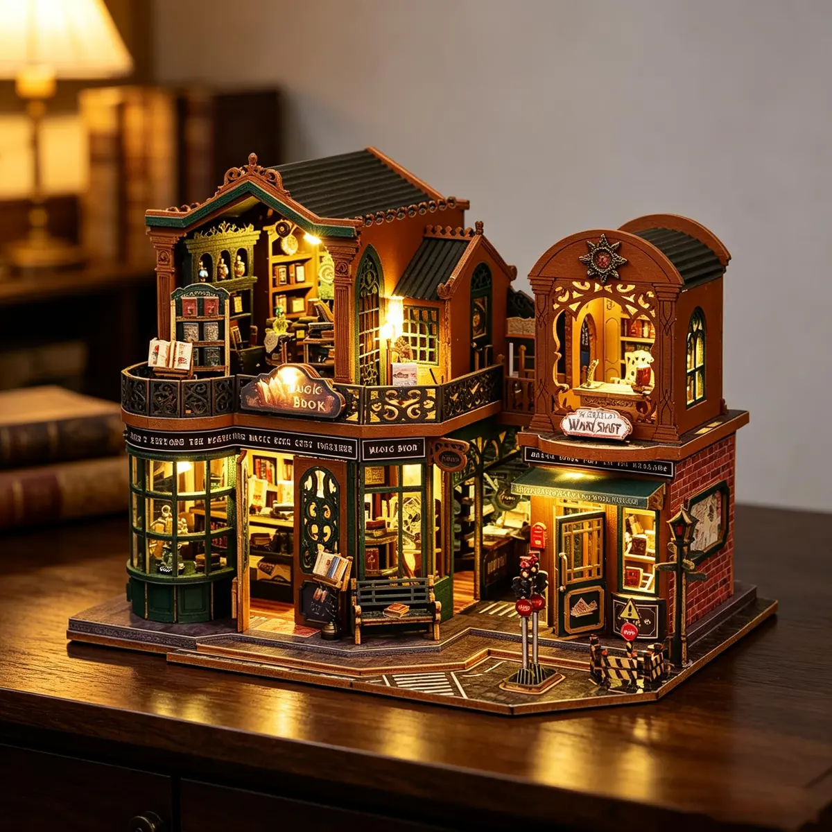 Casinha Miniatura Livraria de Mágica Kit DIY em Madeira com Luz LED Modelo Brinquedo de Montagem Artesanal (Livraria com Capa Antipoeira)