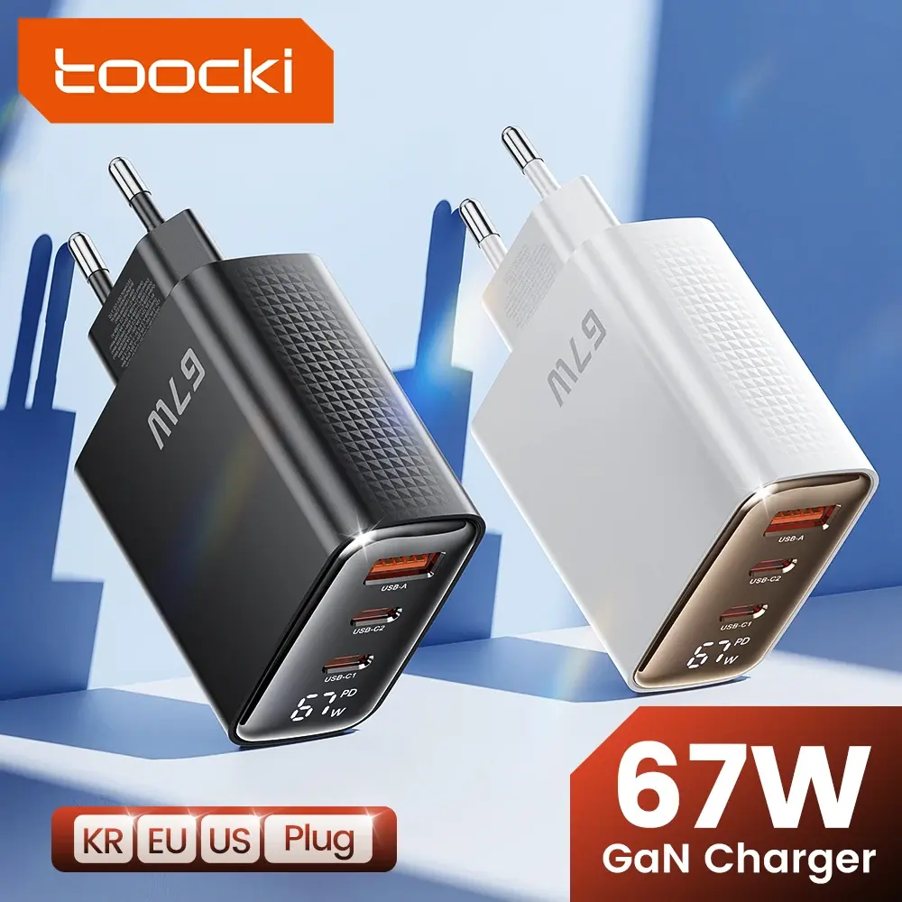 Carregador USB Toocki-GaN com Display Digital, Carregamento Rápido 4.0 e 3.0 Carregamento Rápido, Tipo C, Laptop, iPhone, Samsung, Xiaomi, Realme, POCO, 67W