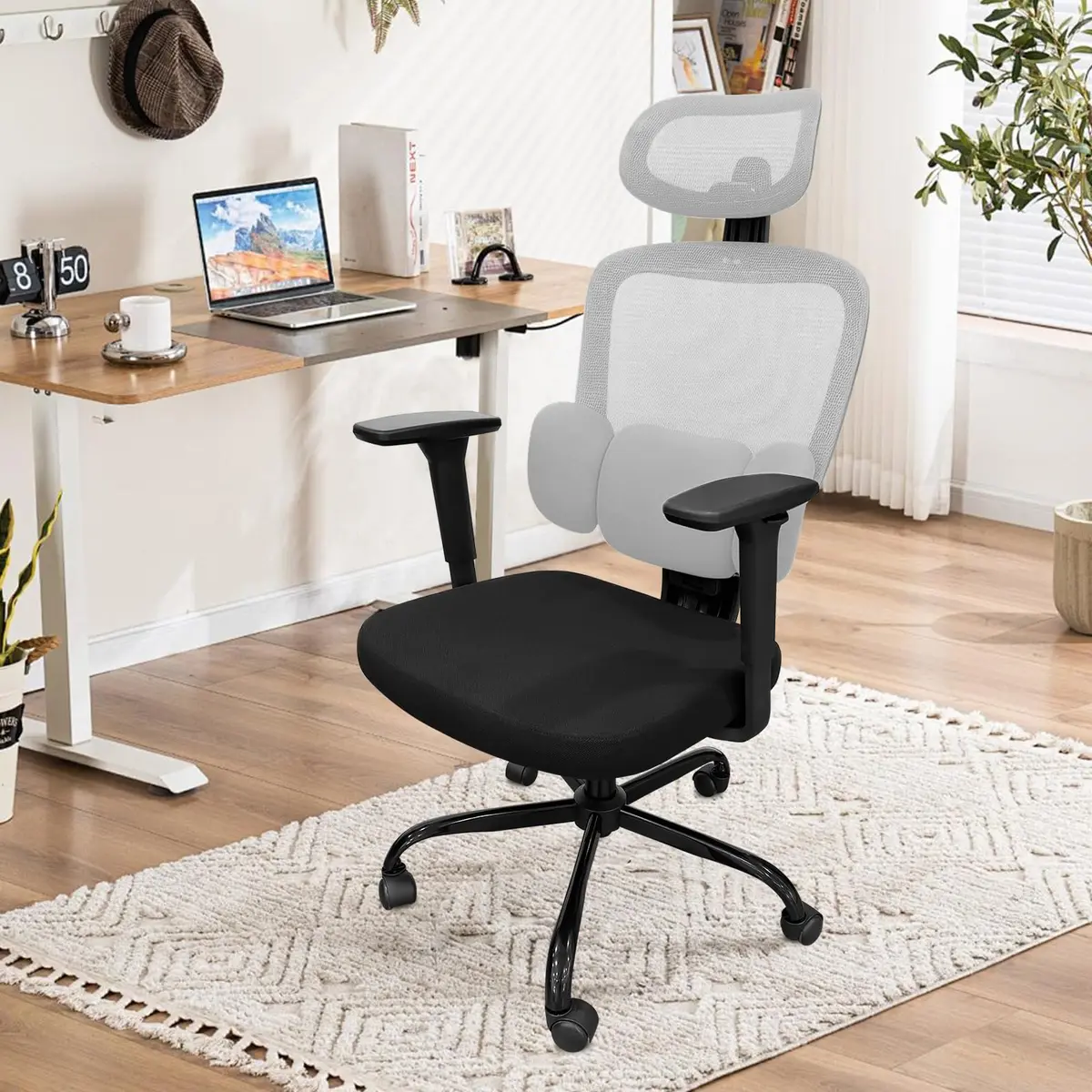 Cadeira de Escritório Ergonômica para Home Office com Certificação NR-17, Apoio Lombar Ajustável em 3 Seções, Braços 3D, Assento Confortável e Encosto em Tela Respirável (Preto/Cinza)