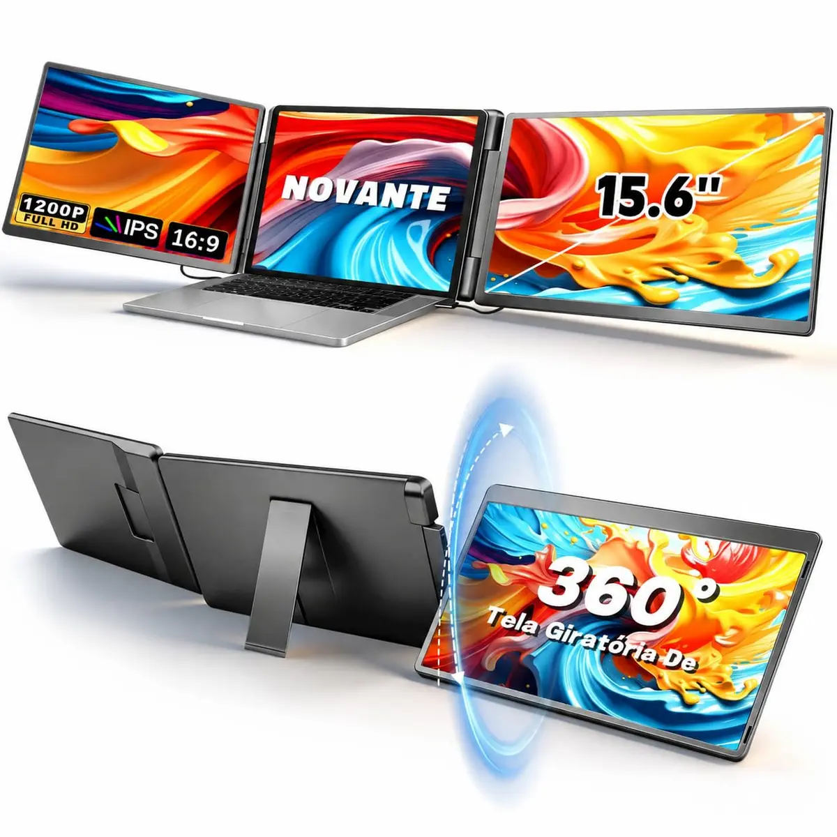 NOVANTE Monitor Duplo Portátil para Notebook 15.6" - Expansor de Telas Triplo com Design 360°, Tela IPS FHD 1080p 60Hz, Baixa Luz Azul, Compatível com Windows/Mac/Switch (Cabos Inclusos) - 1