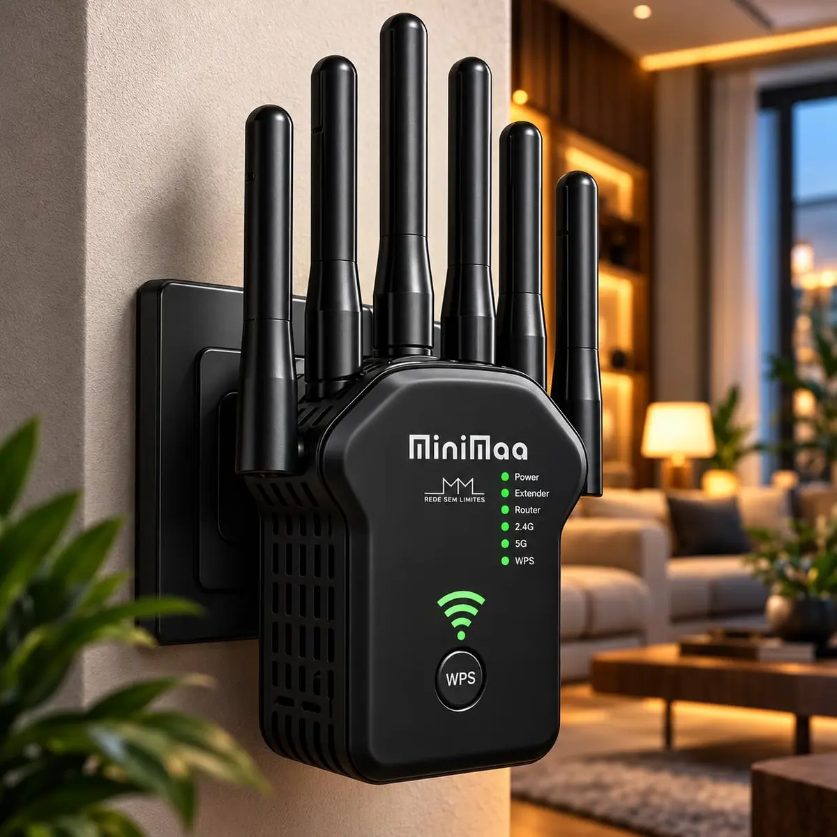 Roteador Wi-Fi e Repetidor Dual Band 1200 Mbps com 6 Antenas Preto | Extensor de Sinal, Repetidor de Sinal, Cobertura Total da Casa, Suporte WPS, Sinal Forte e Estável, Amplificador de Internet