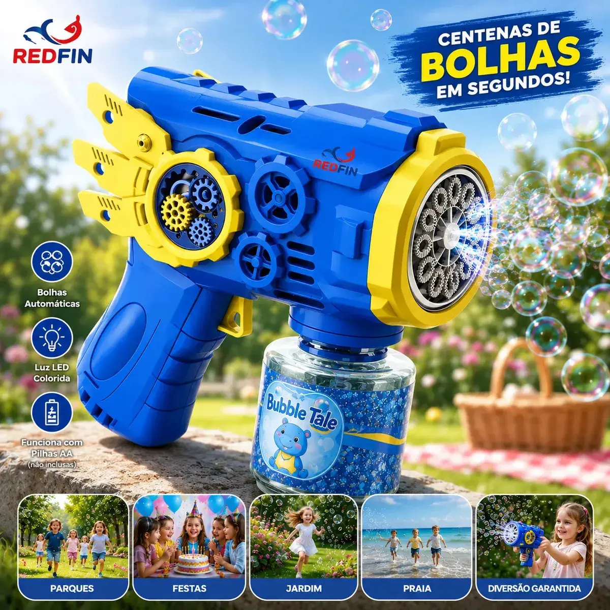 Brinquedo pistola lança bolha sabão Maquina Bolha De Sabão Automática sopra bolhas gigante big bolinha fazedor de bolhas de sabao C/ Luz Cor Azul - Marca Redfin - 1