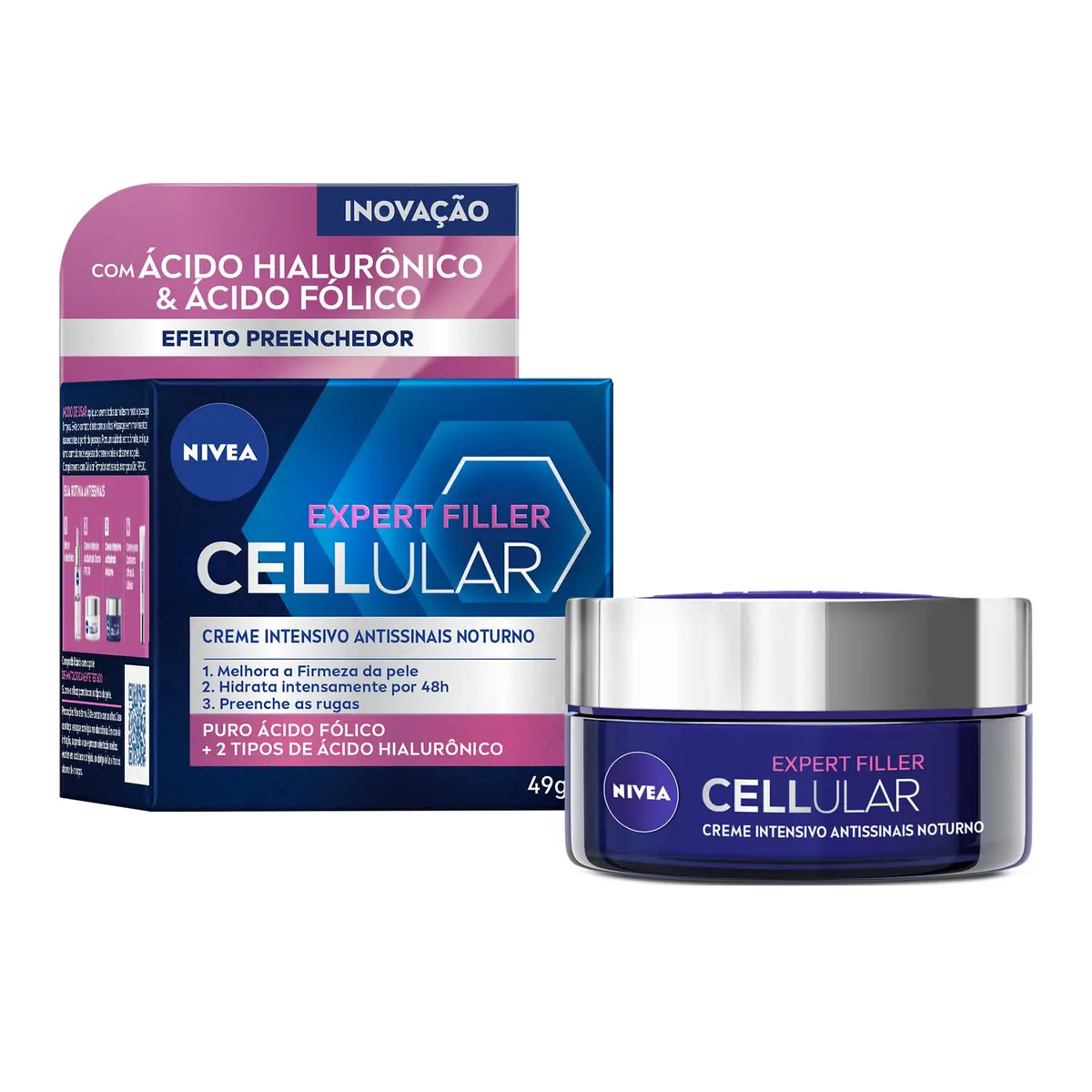 NIVEA Creme Facial Antissinais Cellular Filler Noite 49g, Hidratação Intensa 48h, Pele Firme, Preenche Rugas, Ácido Hialurônico, Cuidado Noturno - 1
